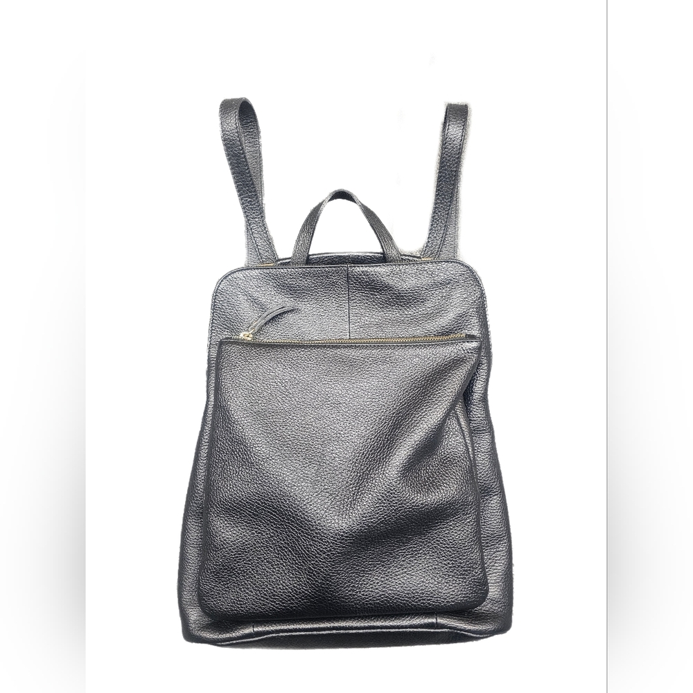 L.CREDI Black Leather Backpack Convertible Shoulder Bag Daypack Made in Italy